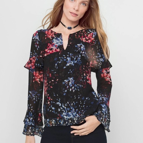 White House Black Market Tops - White House Black Market Floral Flounce Blouse Size 8 Ruffle Bell Sleeve Top